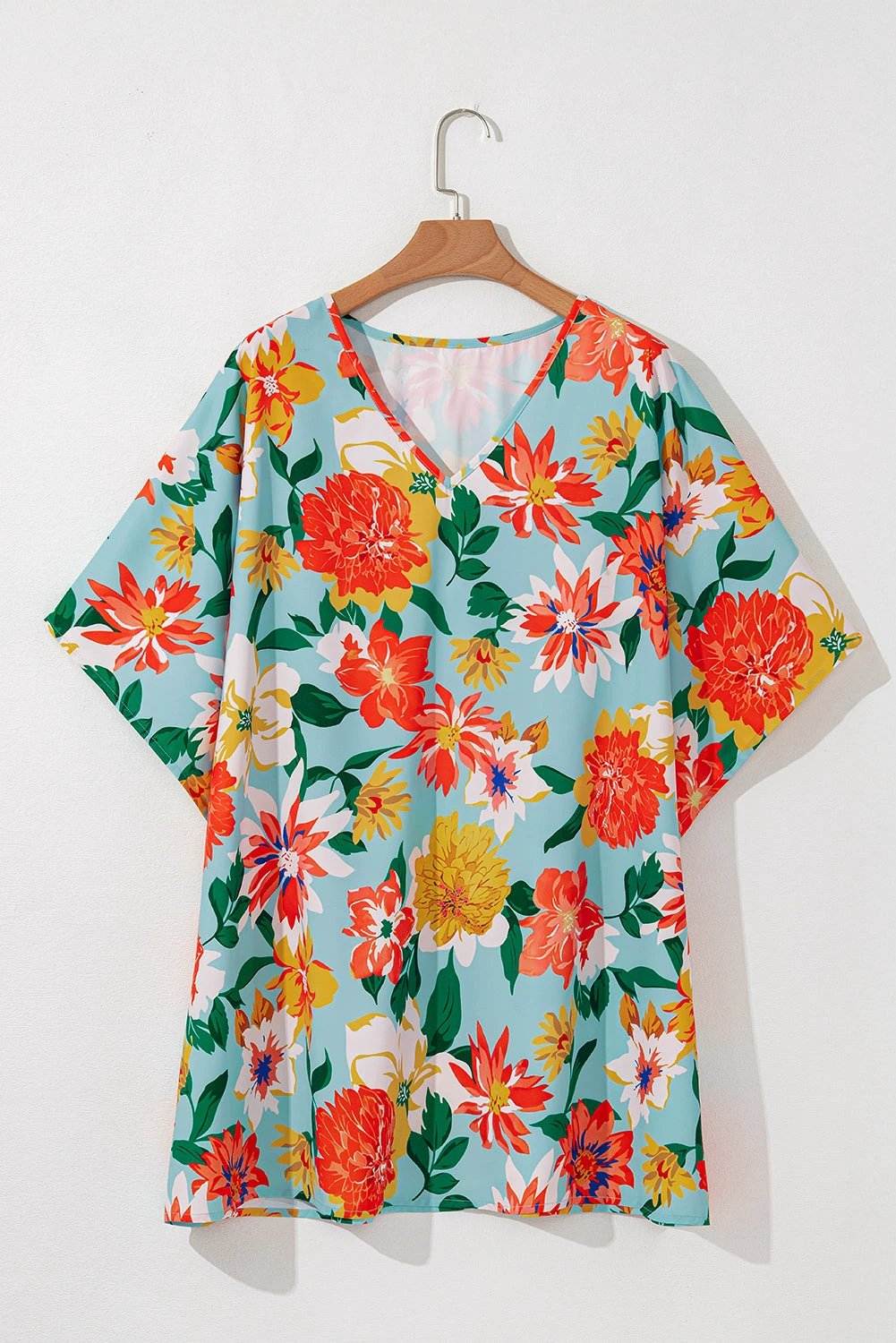 Plus size Coastal Bloom floral print V neck blouse with batwing sleeves on soft flowy fabric