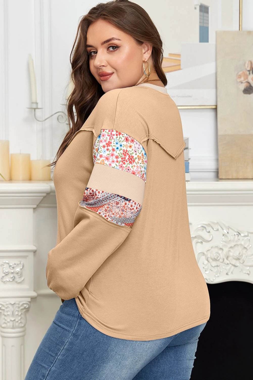 Plus size boho floral top with exposed seam patchwork, relaxed fit, and mixed print for mom confidence