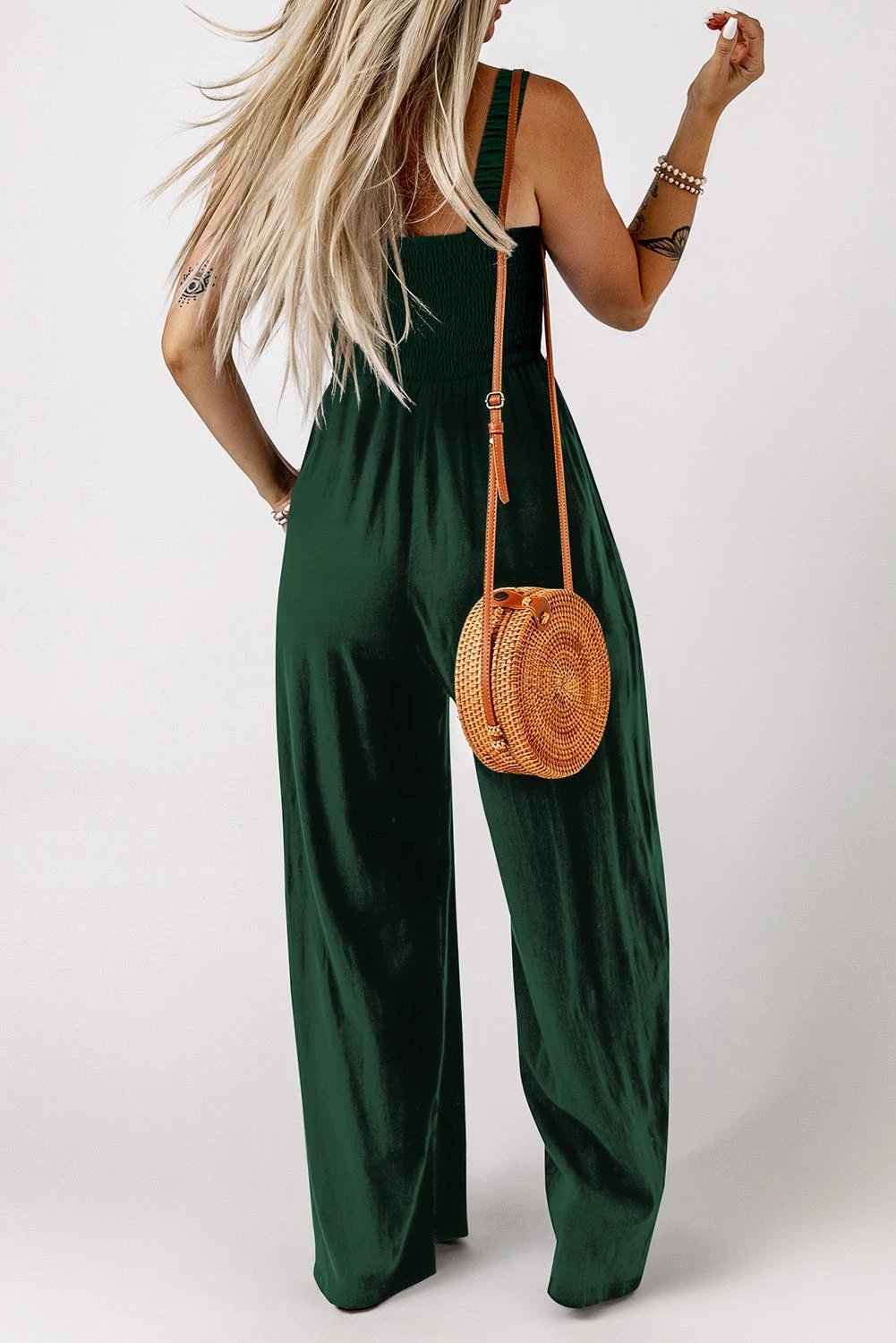 green smocked sleeveless wide leg jumpsuit with pockets for women casual everyday outfit