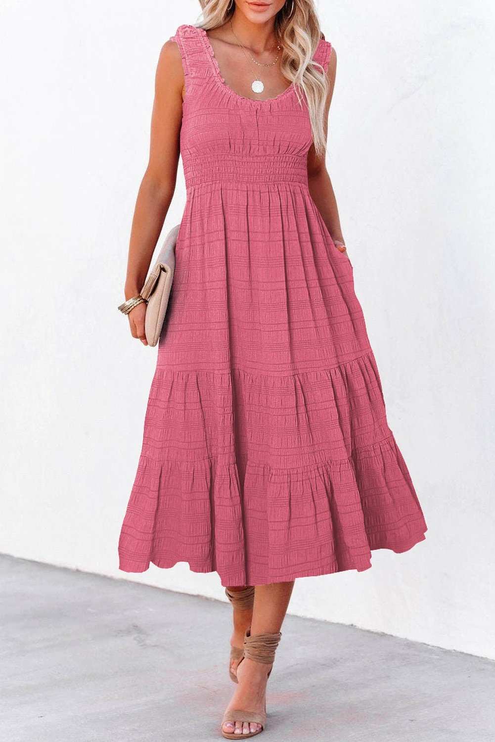 Sleeveless Midi Dress with shirred pleated square-neck bodice and tiered skirt