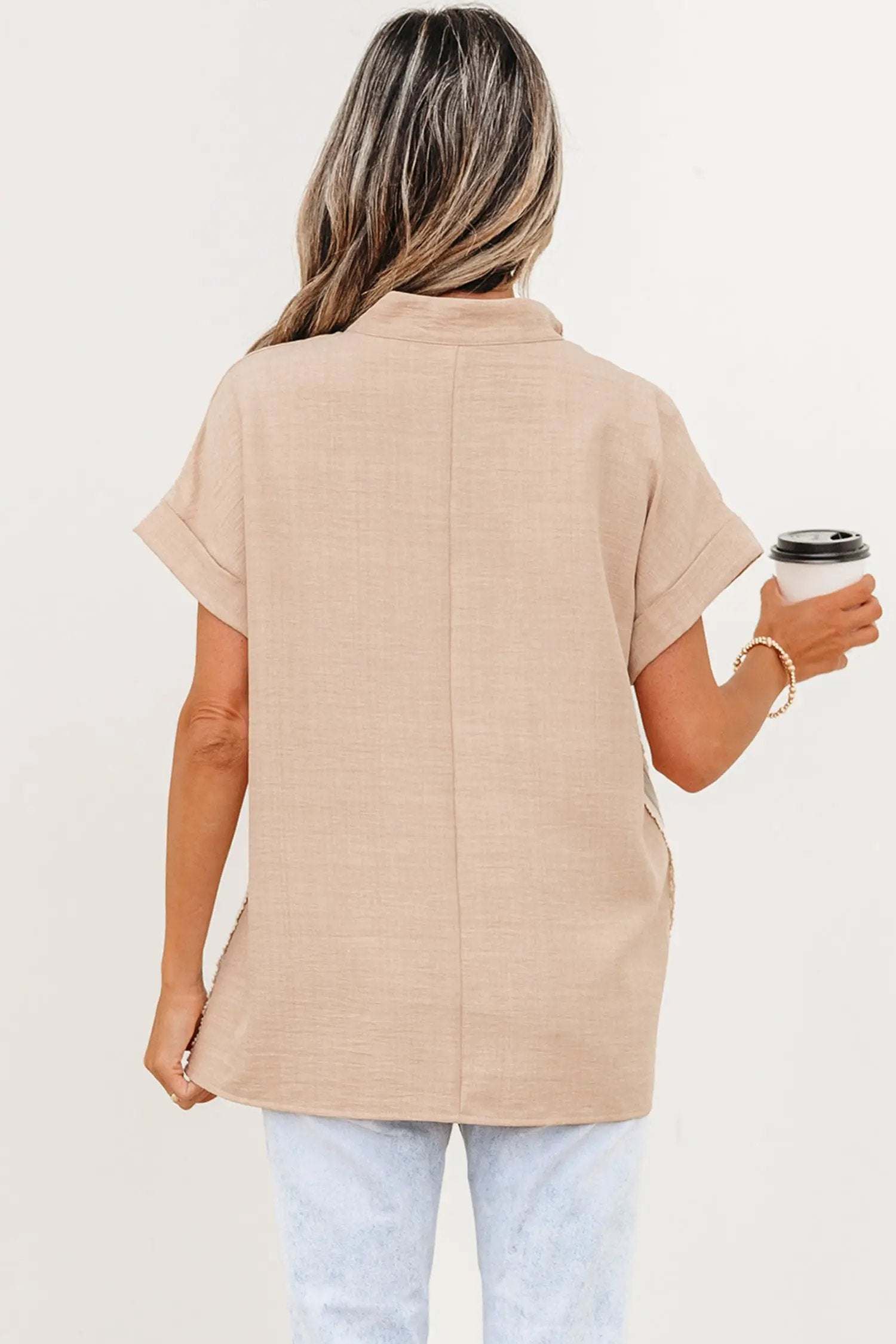 J&H Apparel Crochet Lace Accent Pullover Rolled Short Sleeve Blouse - Blouses Tops/Blouses & Shirts