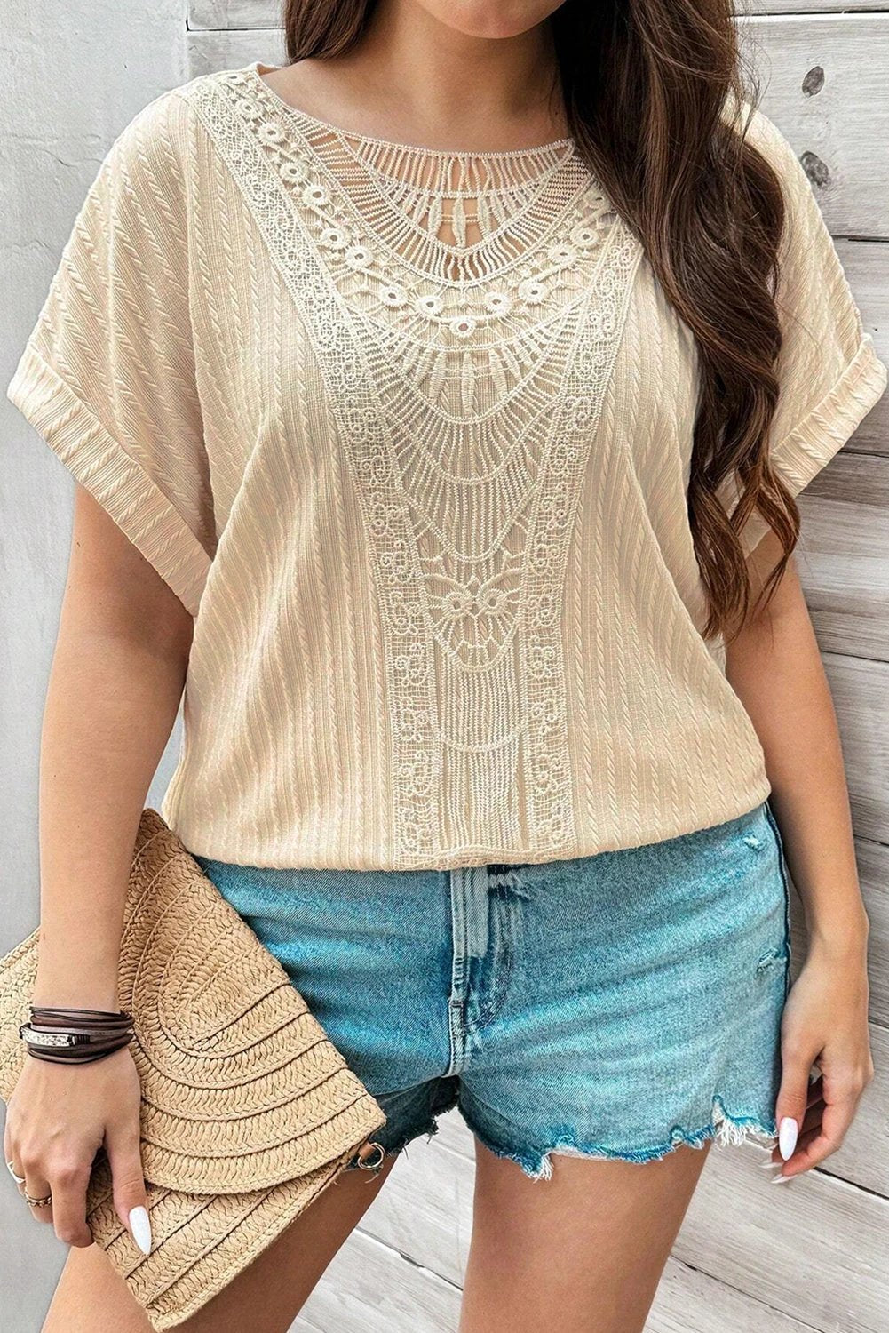 beige lace crochet patched cable textured cuffed short sleeve plus size top for women casual everyday outfit