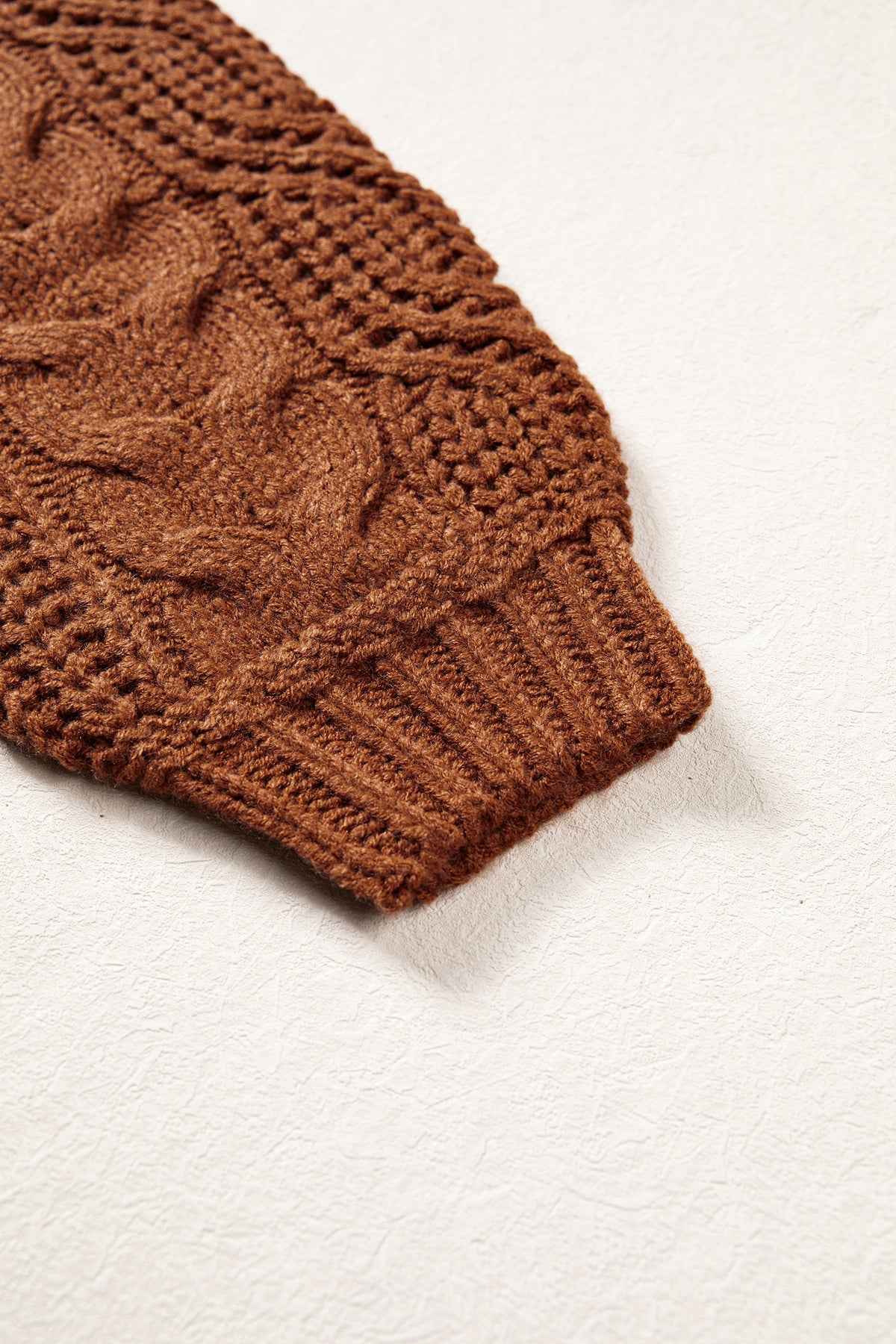 Coffee Solid Color Cable Knit High Neck Loose Pullover Sweater