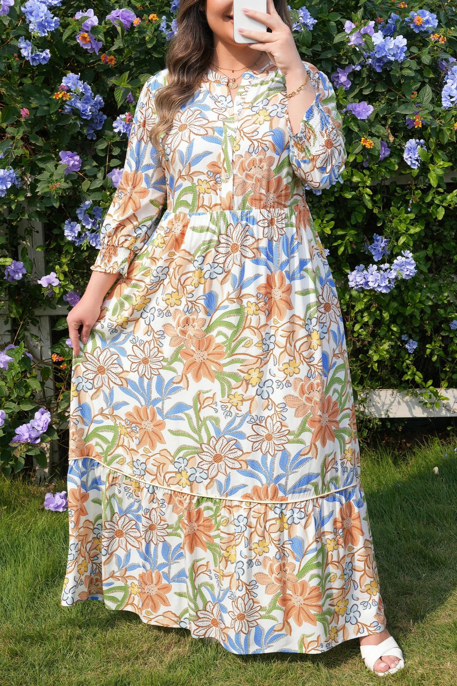 Dear-Lover Dropshipping Khaki Floral Print 3/4 Sleeves Tiered Plus Size Long Dress - Plus Size/Plus Size Dresses/Plus Size Maxi Dresses