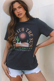 dark grey rise with the sun western fashion graphic tee for women casual everyday outfit