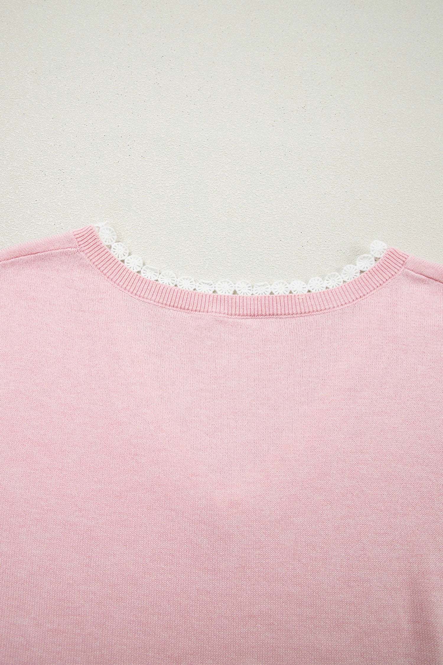 Pink lace trim V-neck short sleeve knit sweater for moms