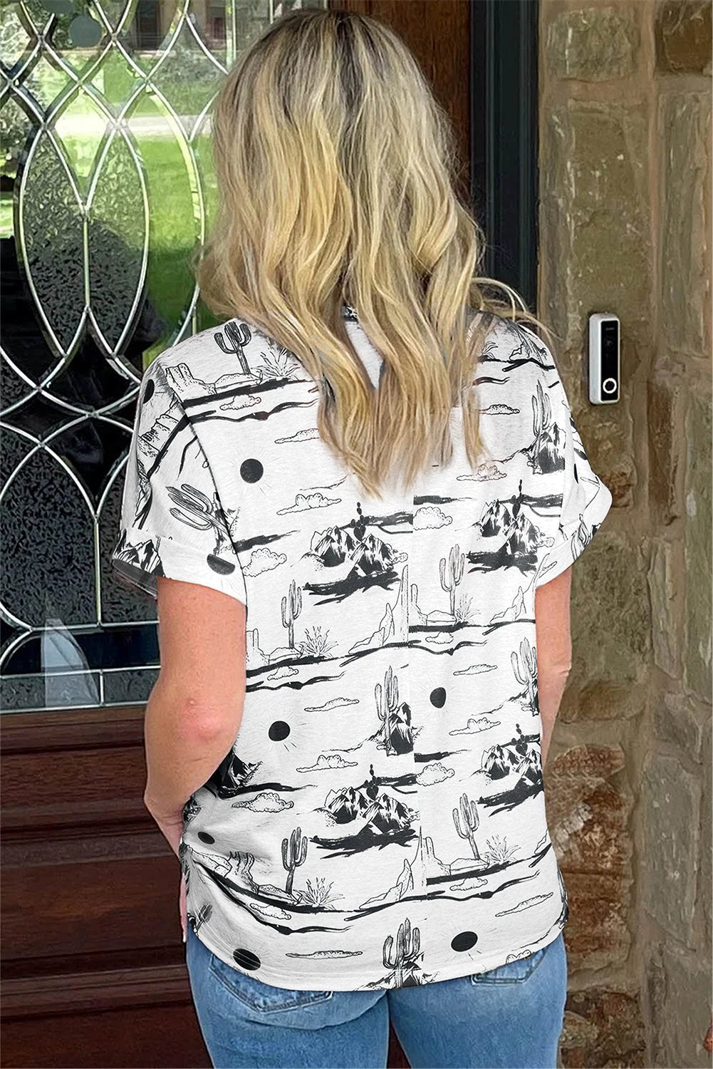 white desert sand print short sleeve knit top for women casual everyday outfit