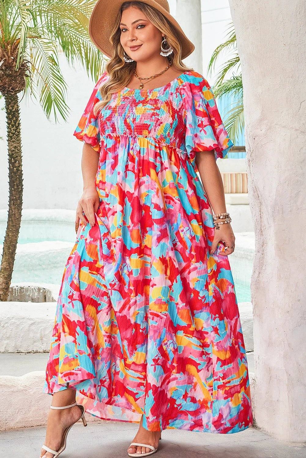 rose abstract printed puff sleeve square neck smocked bust tied back plus size dress for women casual everyday outfit