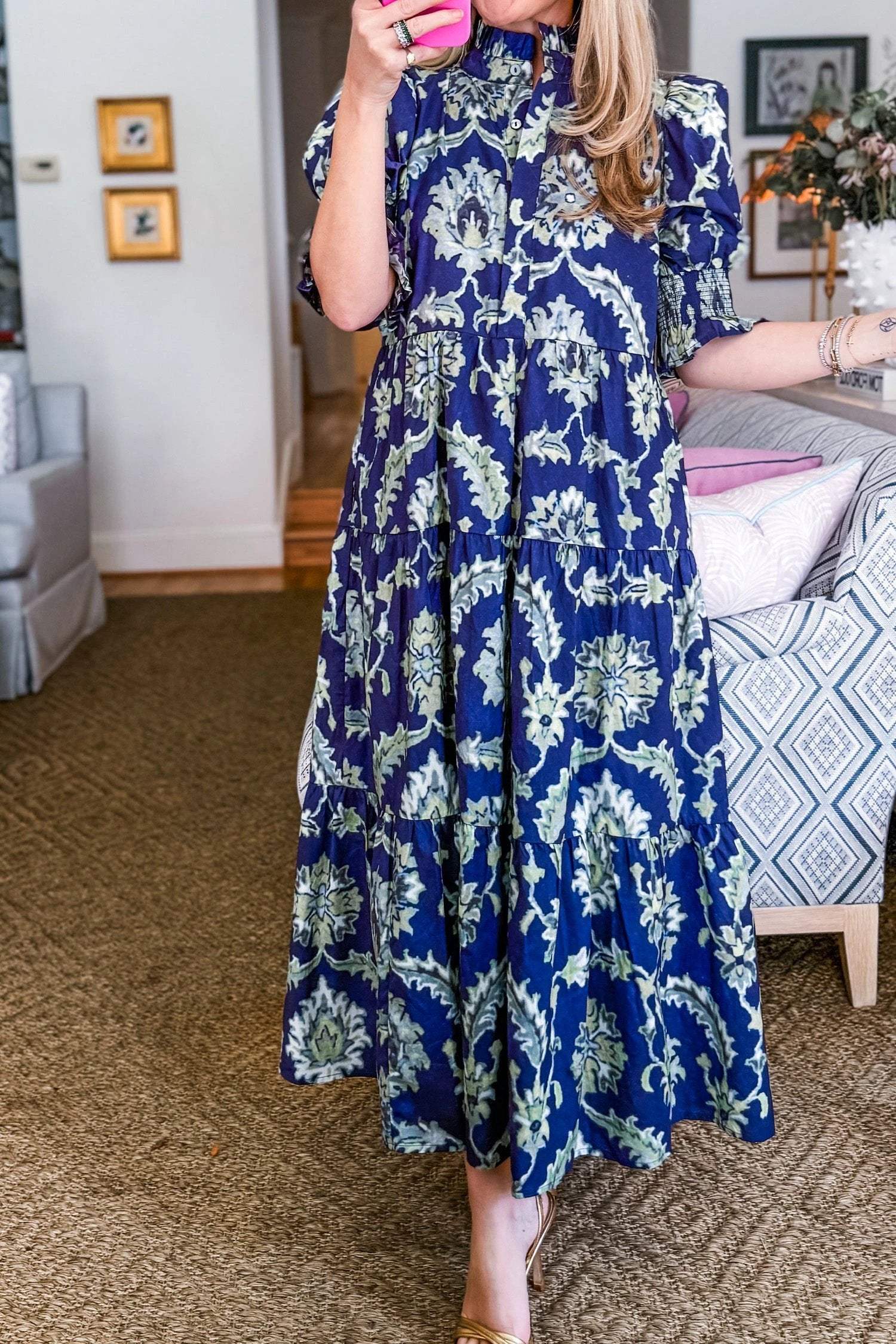 blue wild floral print frilled collar half sleeve long dress for women casual everyday outfit