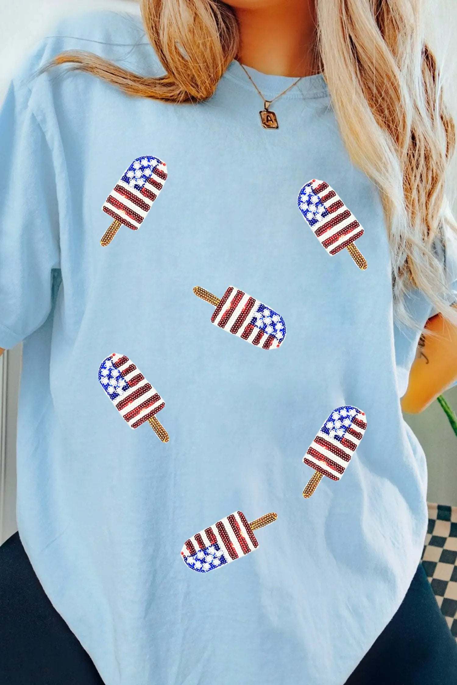 Light blue Patriotic Vibes tee with sequin popsicle graphic perfect for summer style