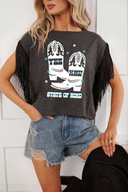 Fringe Sleeve Western Graphic Tee carbon grey yee haw boots western top
