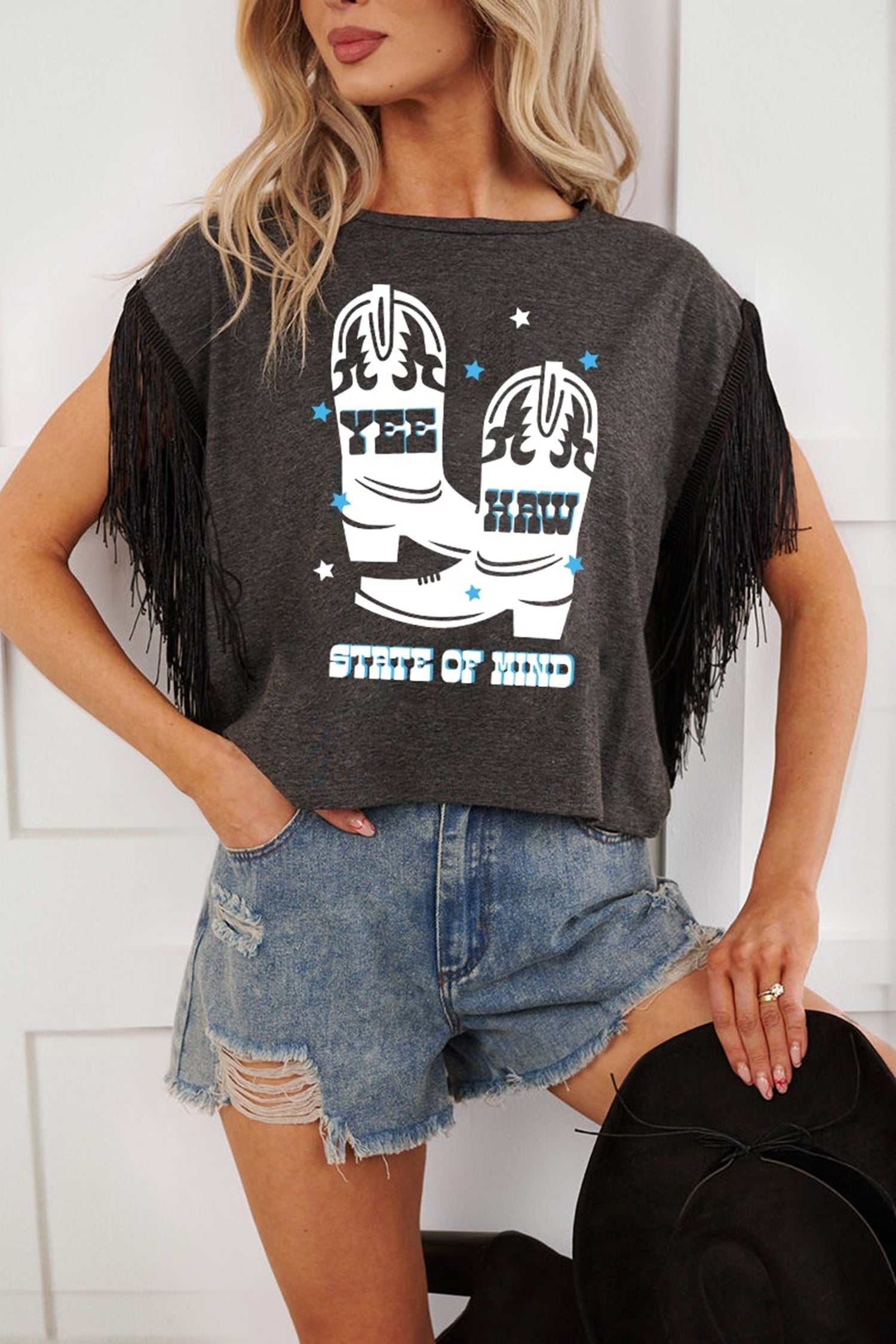 Fringe Sleeve Western Graphic Tee carbon grey yee haw boots western top