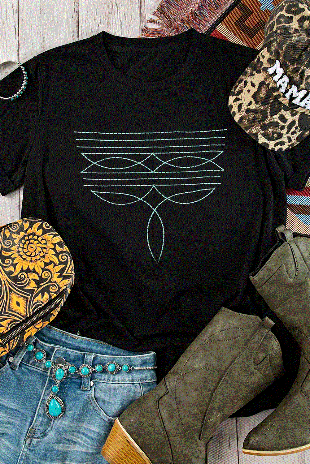 black western fashion geometric embroidered t shirt for women casual everyday outfit