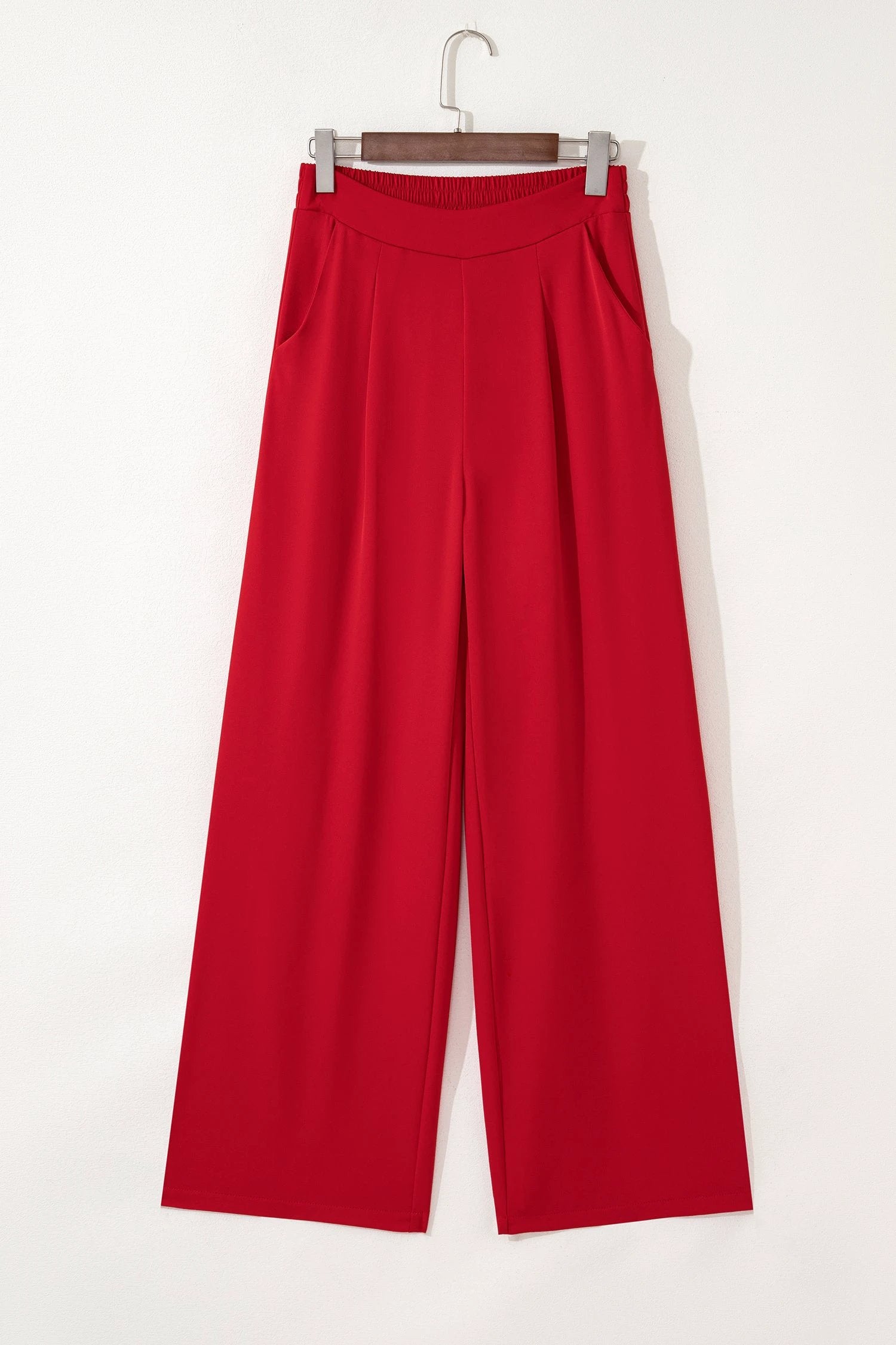 fiery red pleated detail pull on high elastic waist loose straight pants for women casual everyday outfit