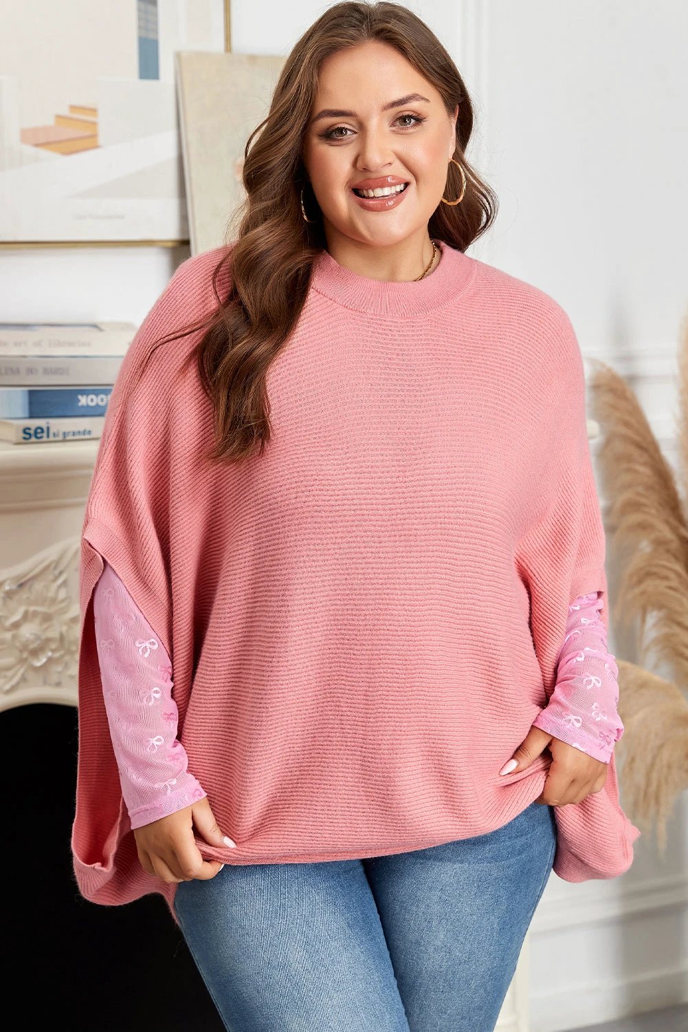 light pink ribbed knit half sleeve plus size poncho style sweater for women casual everyday outfit