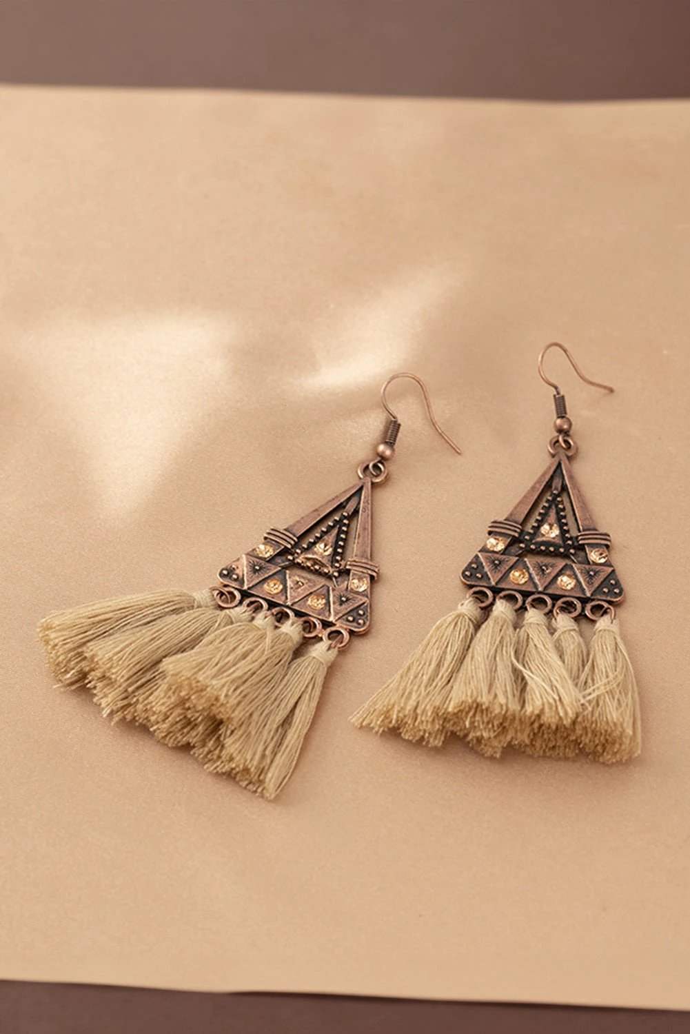 brown boho triangle metal tasseled earrings for women casual everyday outfit