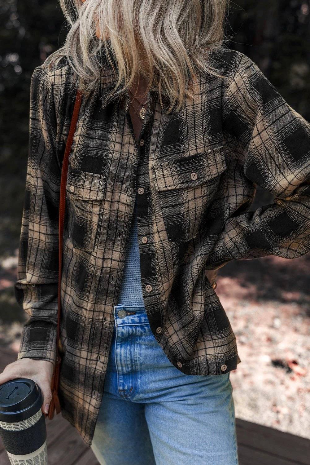 Retro plaid shacket with double flap pockets and brushed fabric for cozy warmth