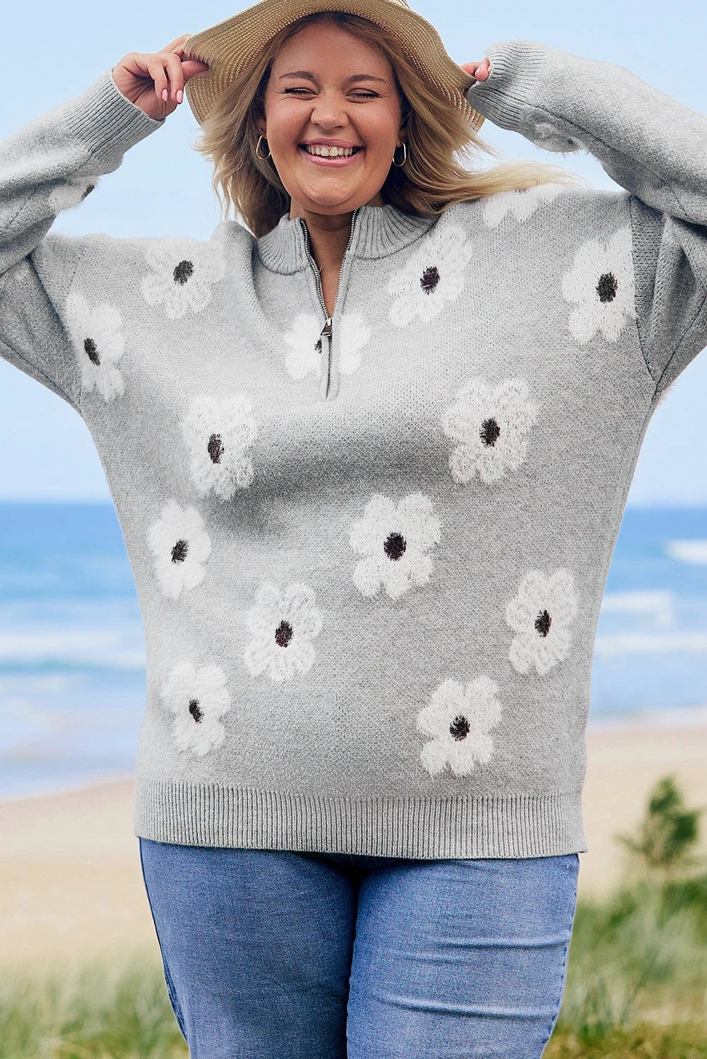 gray plus size embroidered floral pattern half zip sweater for women casual everyday outfit