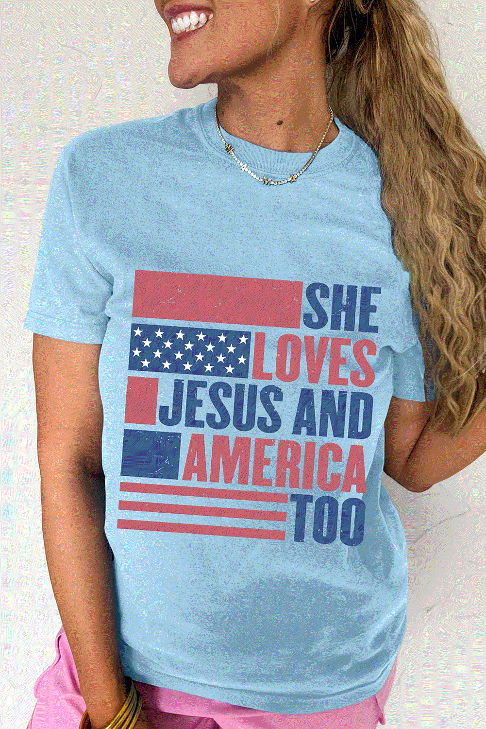 light blue she loves jesus and america too flag graphic t shirt for women casual everyday outfit