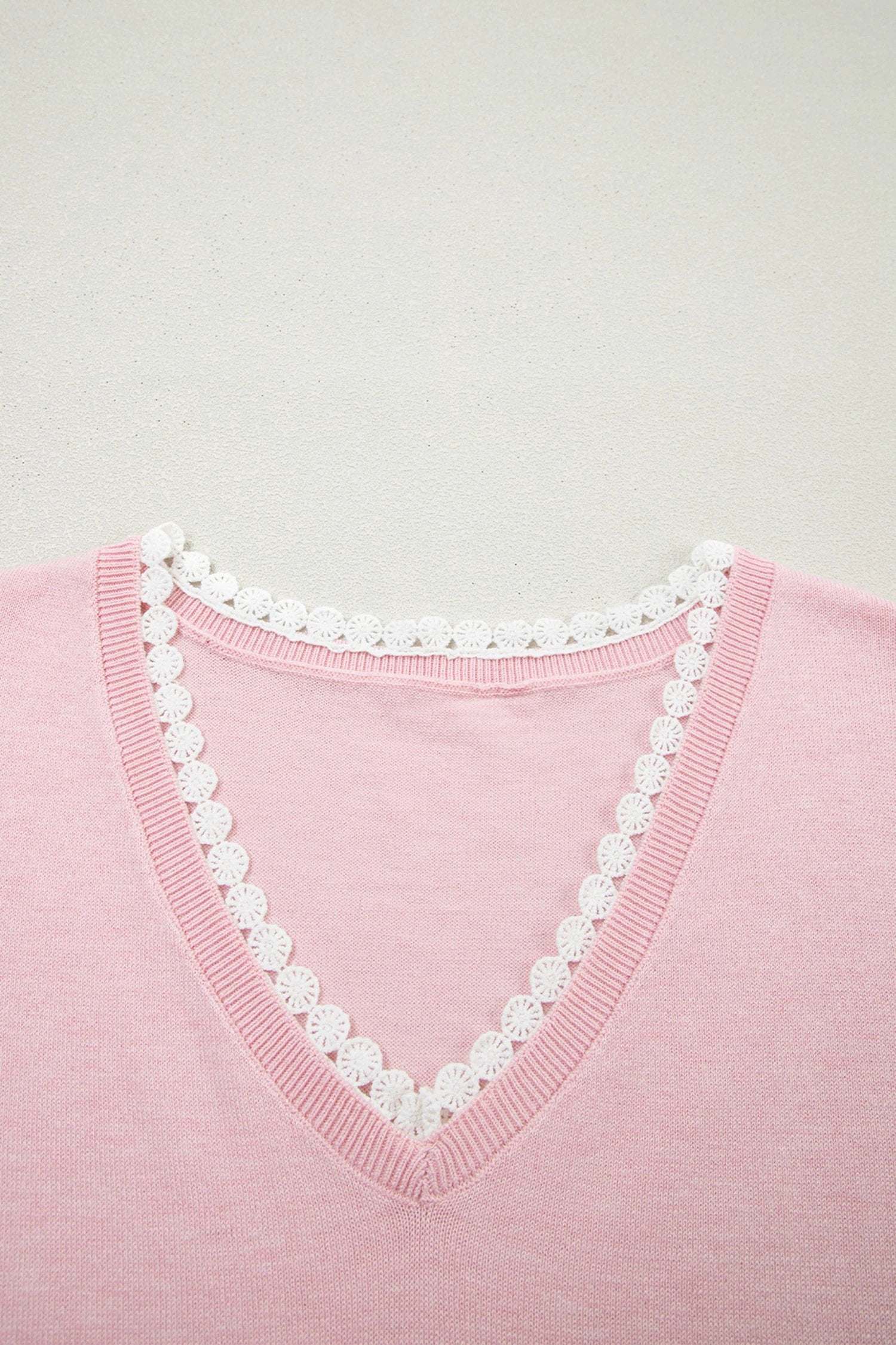 Pink lace trim V-neck short sleeve knit sweater for casual mom chic style