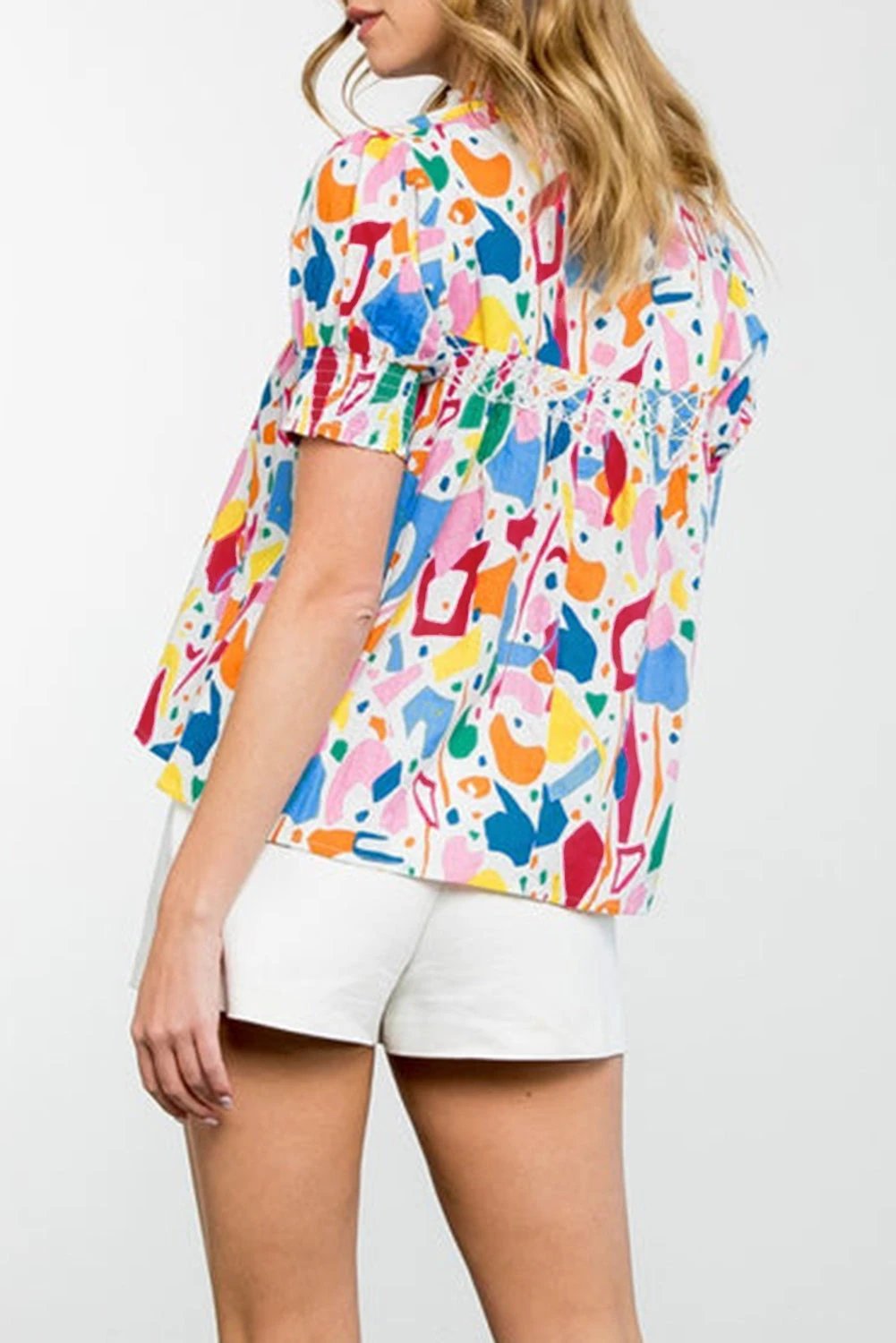 Dear-Lover Dropshipping White Abstract Print Shirred Cuff Puff Sleeve Plus Size Blouse - Plus Size/Plus Size Tops/Plus Size Blouses & Shirts