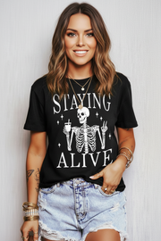 STAYING ALIVE Funny Skeleton Print Round Neck T-Shirt