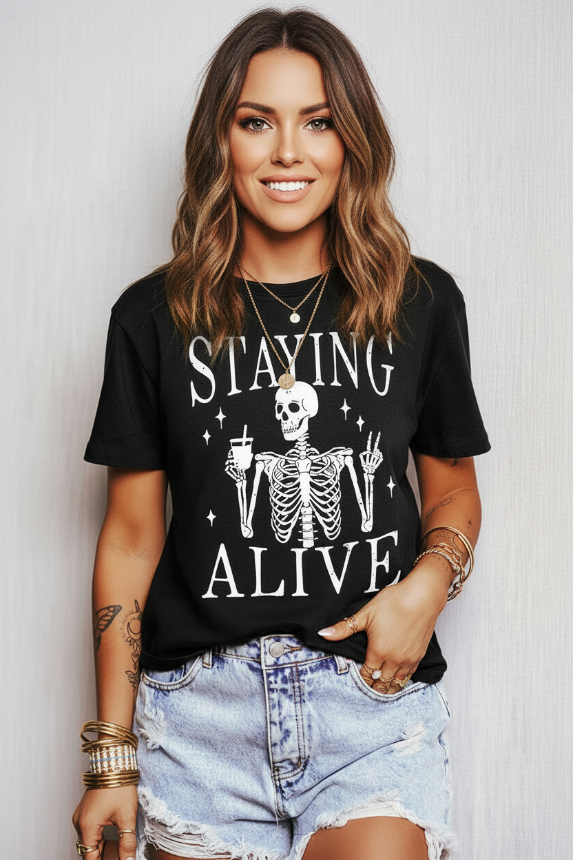 STAYING ALIVE Funny Skeleton Print Round Neck T-Shirt