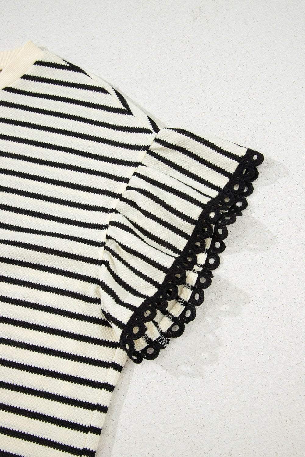 Dear-Lover Dropshipping Black Stripe Eyelet Trimmed Ruffled Short Sleeve Plus Size Top - Plus Size/Plus Size Tops/Plus Size Tops & Tees