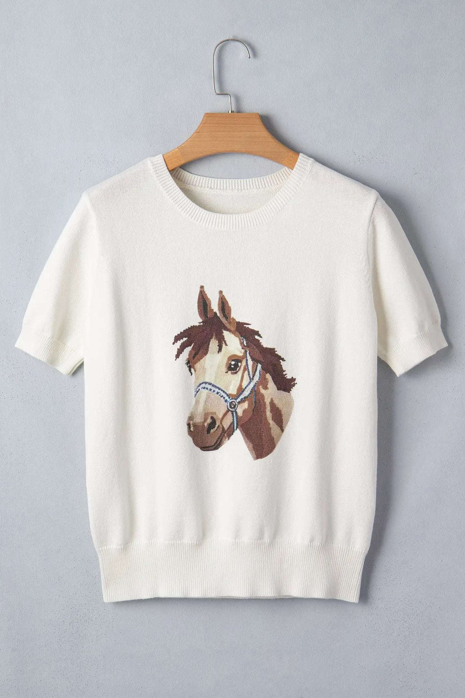 Dear-Lover Dropshipping White Wild West Horse Head Printed Short Sleeve Sweater - Sweaters & Cardigans/Short Sleeve Sweaters