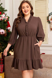 Plus size coffee brown frilled V-neck puff sleeve textured mini dress