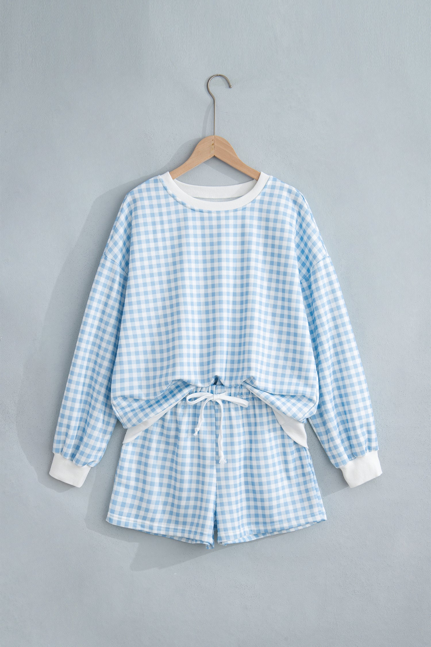 Plaid Baggy Pullover Drawstring Casual Shorts Two-Piece Set