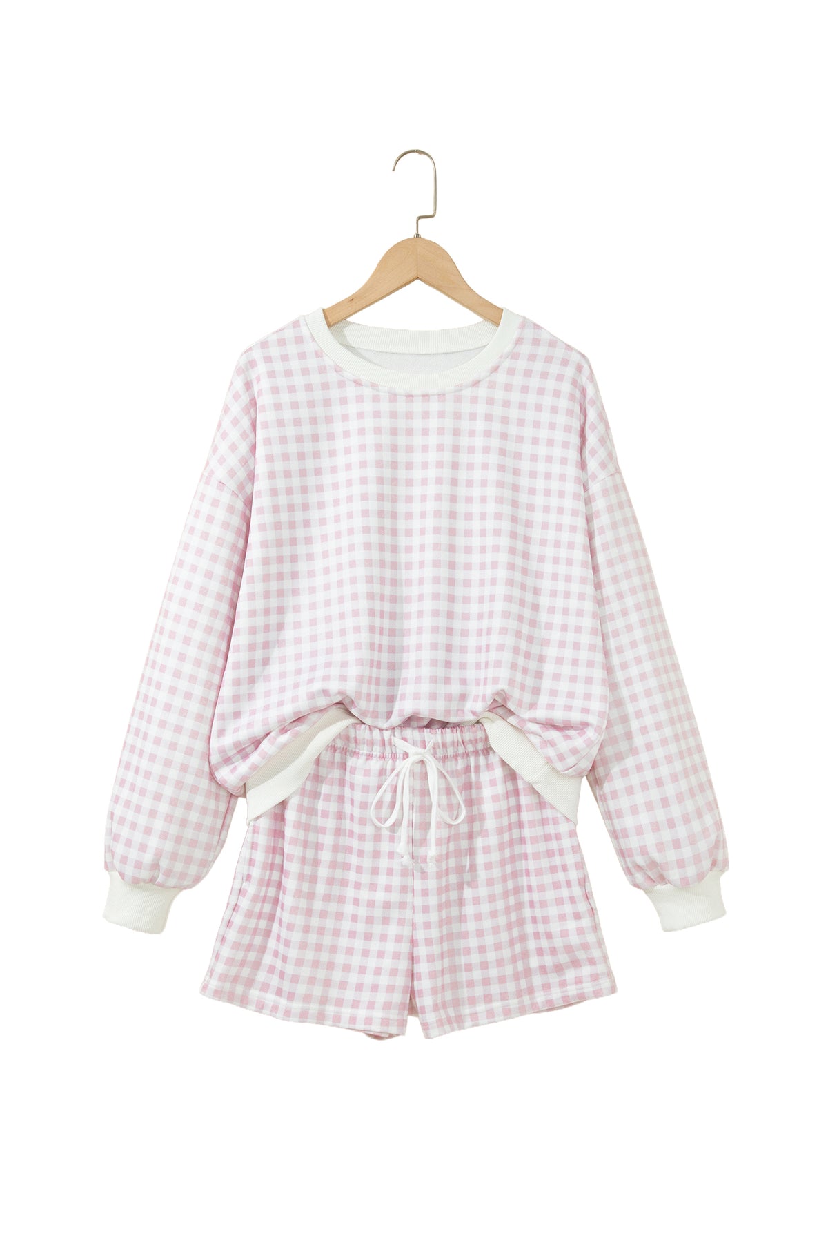 Plaid Baggy Pullover Drawstring Casual Shorts Two-Piece Set