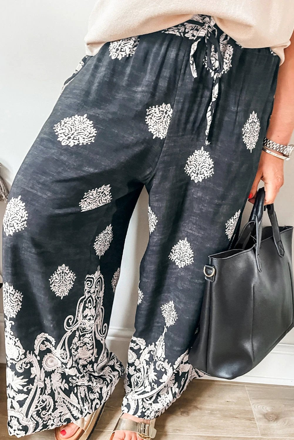 black plus size geometric ethnic print drawstring wide leg pants for women casual everyday outfit