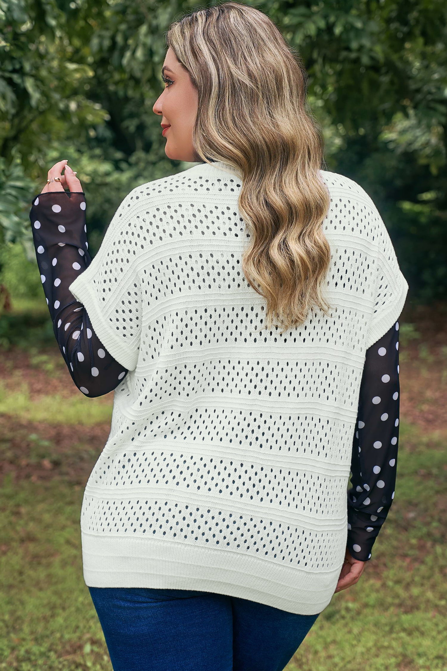 Plus Size Eyelet Hollow Out Knit Ribbed Trim Short Sleeve Dolman Sweater — women's everyday bottoms | J&H Apparel