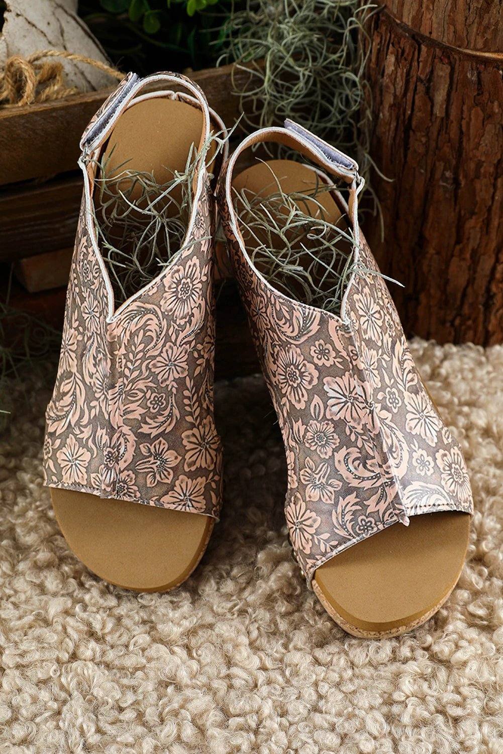 Boho Western Charm vintage floral leather rivet platform sandals in warm brown