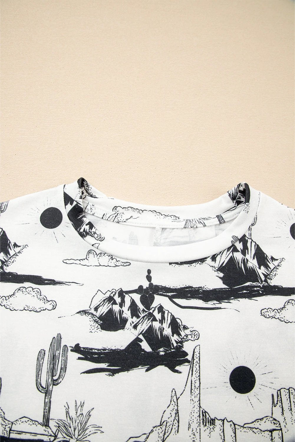 white desert sand print short sleeve knit top for women casual everyday outfit