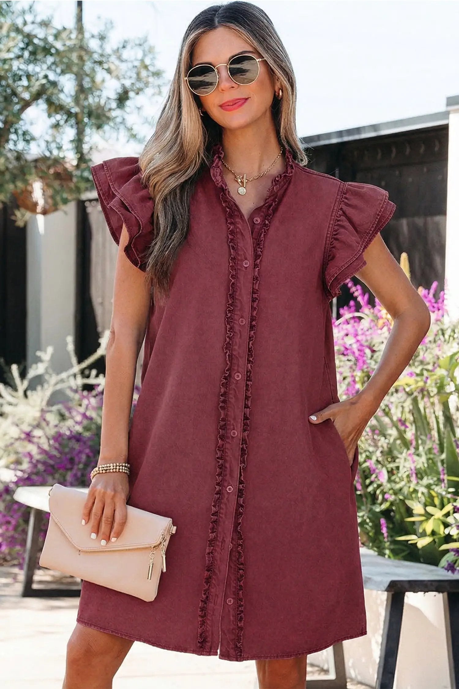 Maroon denim mini dress with frilled button-down and short flutter sleeves in Red Sandalwood color