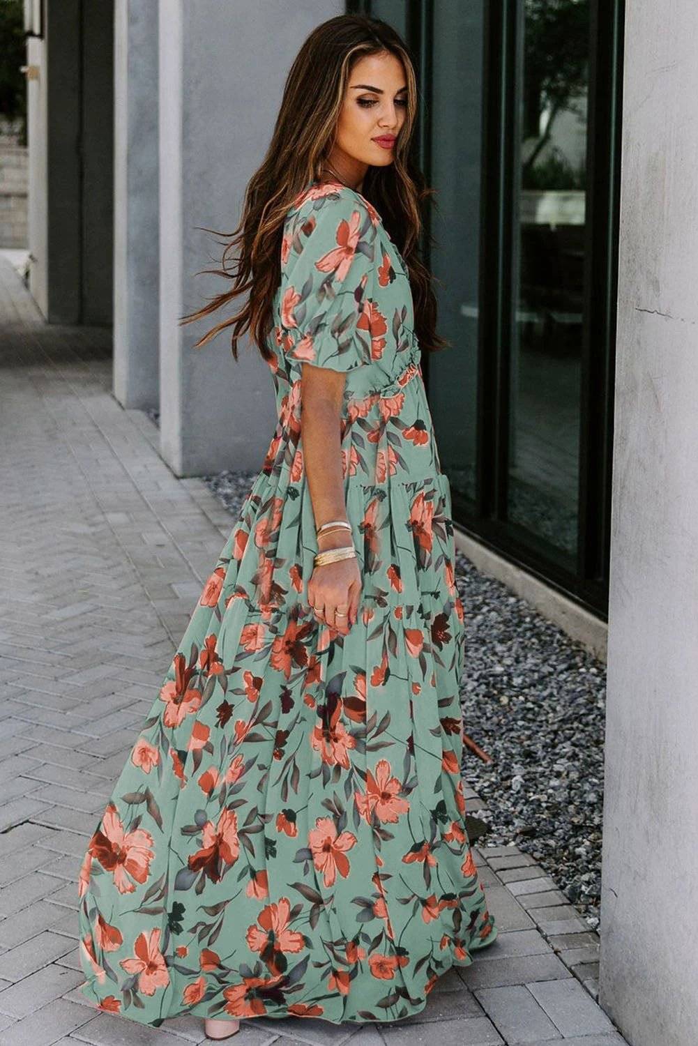 sky blue fiery floral print frilled v neck short sleeve maxi dress for women casual everyday outfit