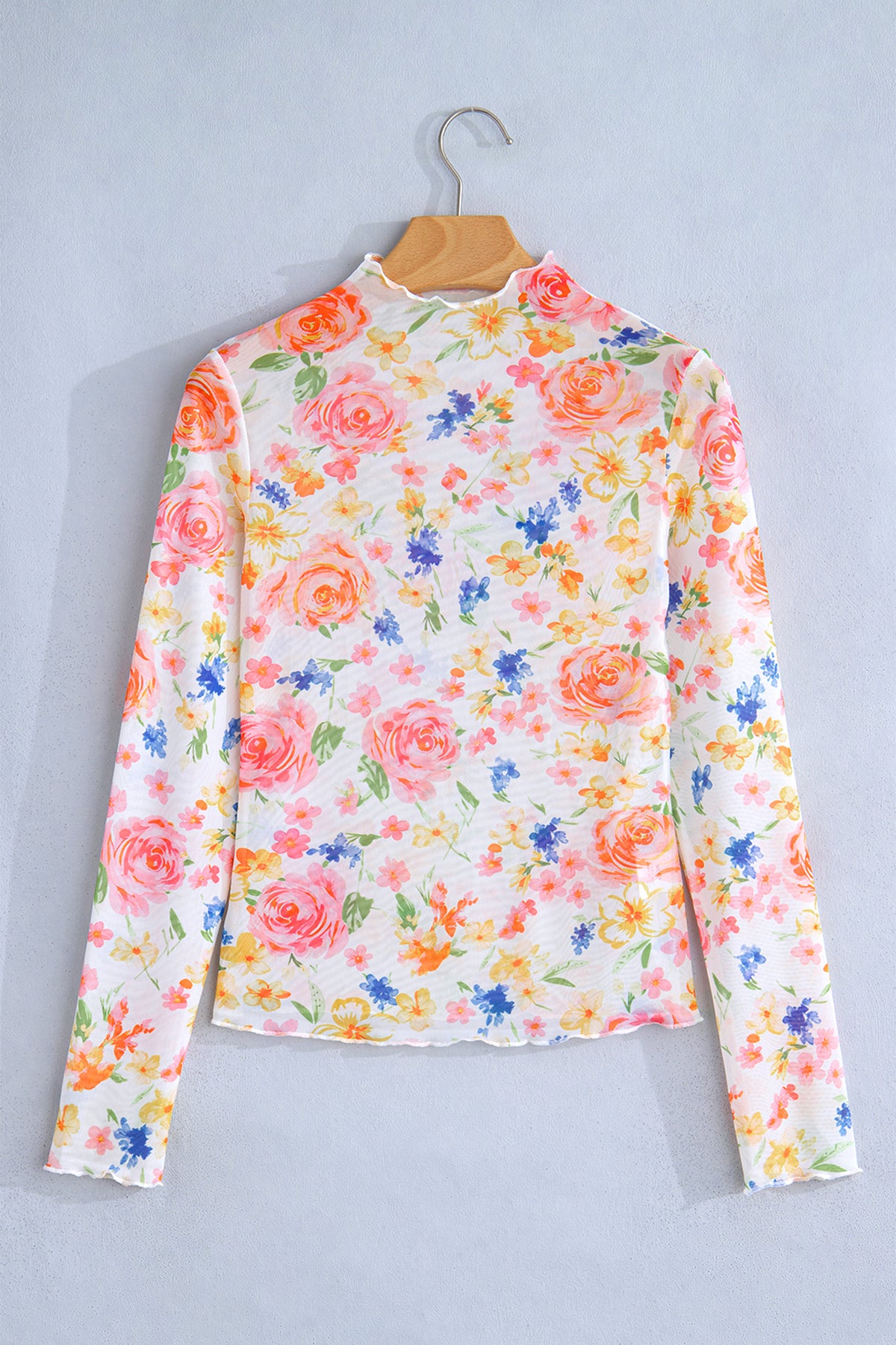 Lettuce Trim Floral Print Sheer Mesh Long Sleeve Top