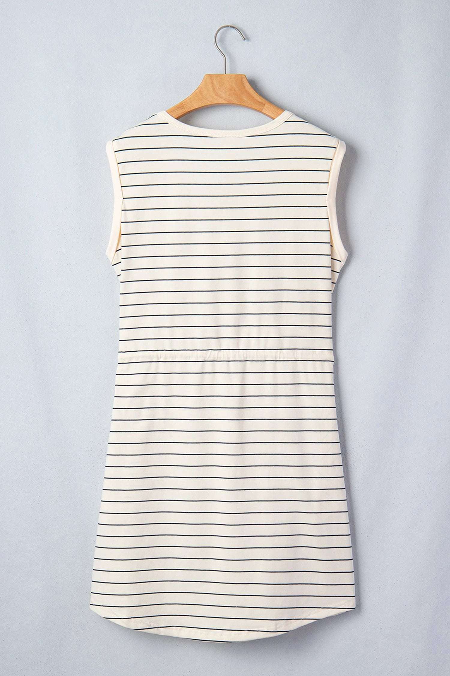 beige stripe drawstring tunic tank mini dress with pockets for women casual everyday outfit