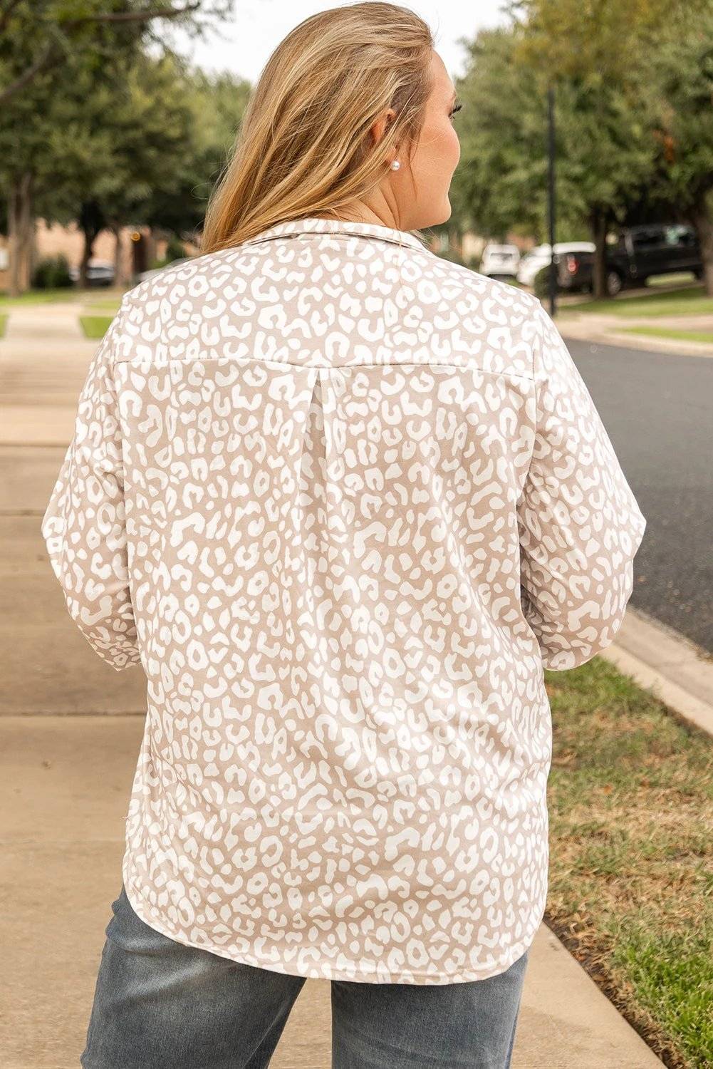 Dear-Lover Dropshipping Apricot Leopard Tab Sleeve V Neck Plus Size Top - Plus Size/Plus Size Tops/Plus Size Blouses & Shirts