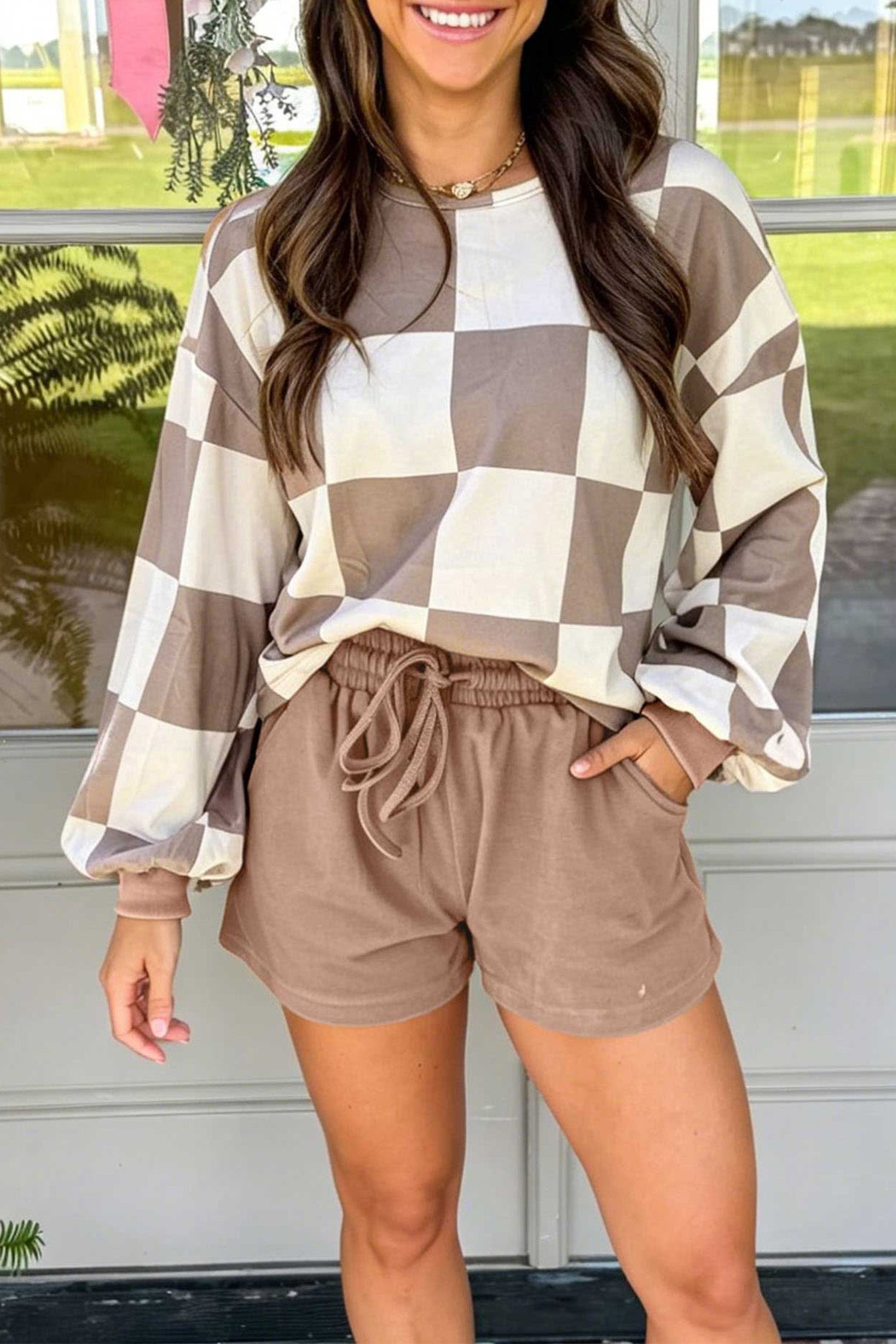 Checkerboard Plaid Long Sleeve Solid Color Shorts Two-Piece Set