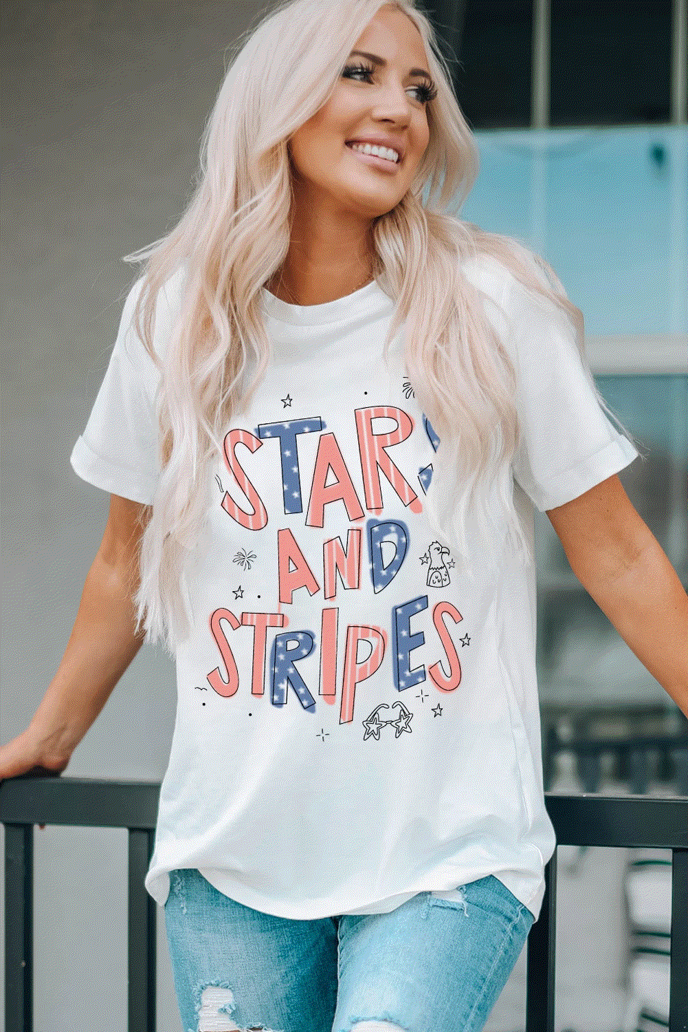 white stars and stripes crew neck graphic tee for women casual everyday outfit
