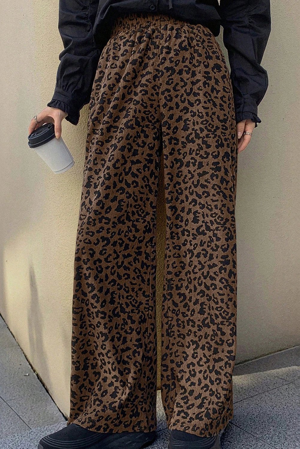 dark brown leopard print elastic high waist loose corduroy pants for women casual everyday outfit