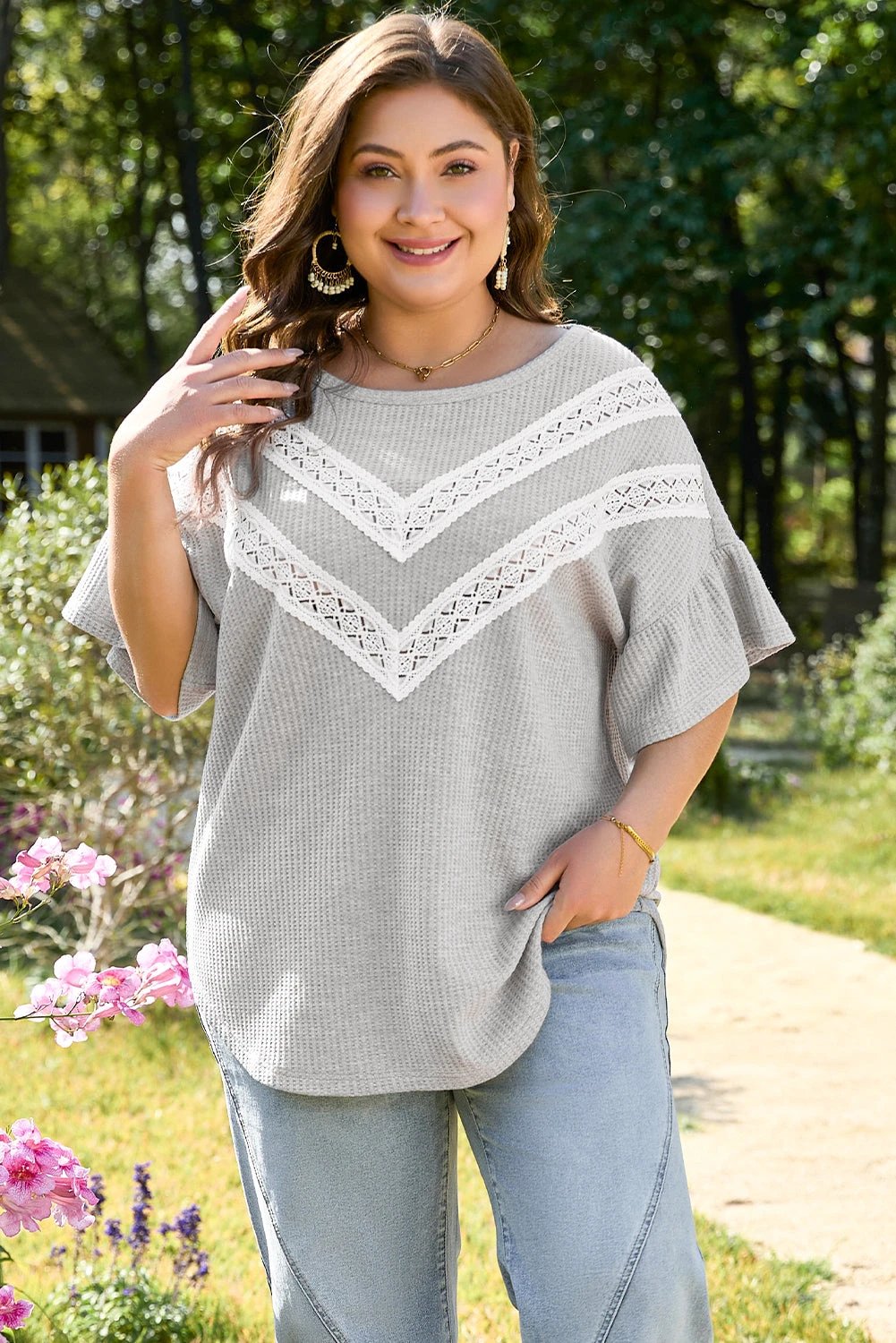 Dear-Lover Dropshipping Light Grey Lace Insert Waffle Ruffle Short Sleeve Plus Size Top - Plus Size/Plus Size Tops/Plus Size Tops & Tees