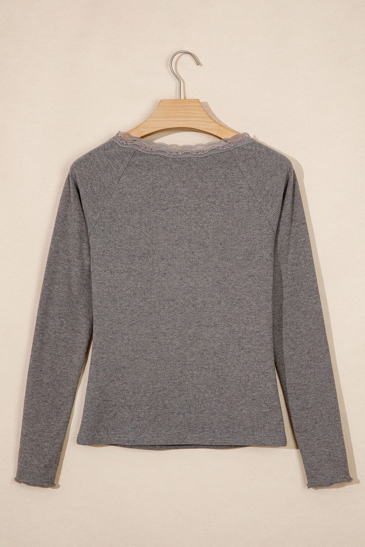 Solid Color Ribbed Lace Trim V-Neck Button Detail Long Sleeve Top