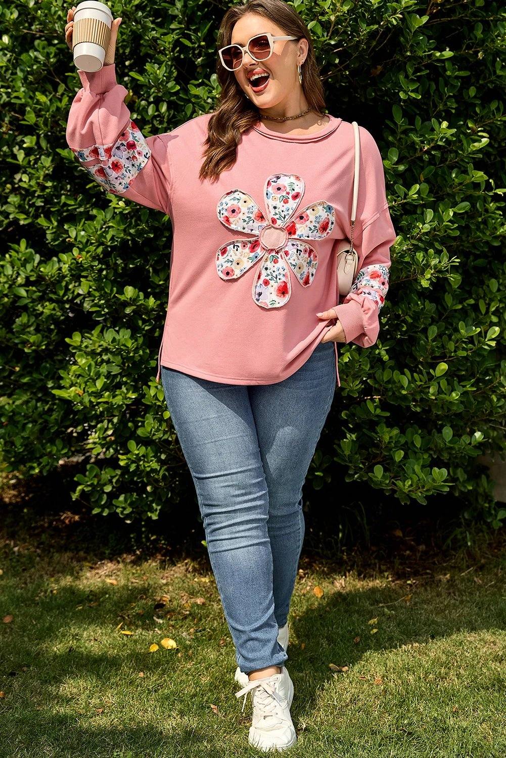 Plus size Feel-Good Confidence sweatshirt with peach blossom floral applique and drop shoulder design