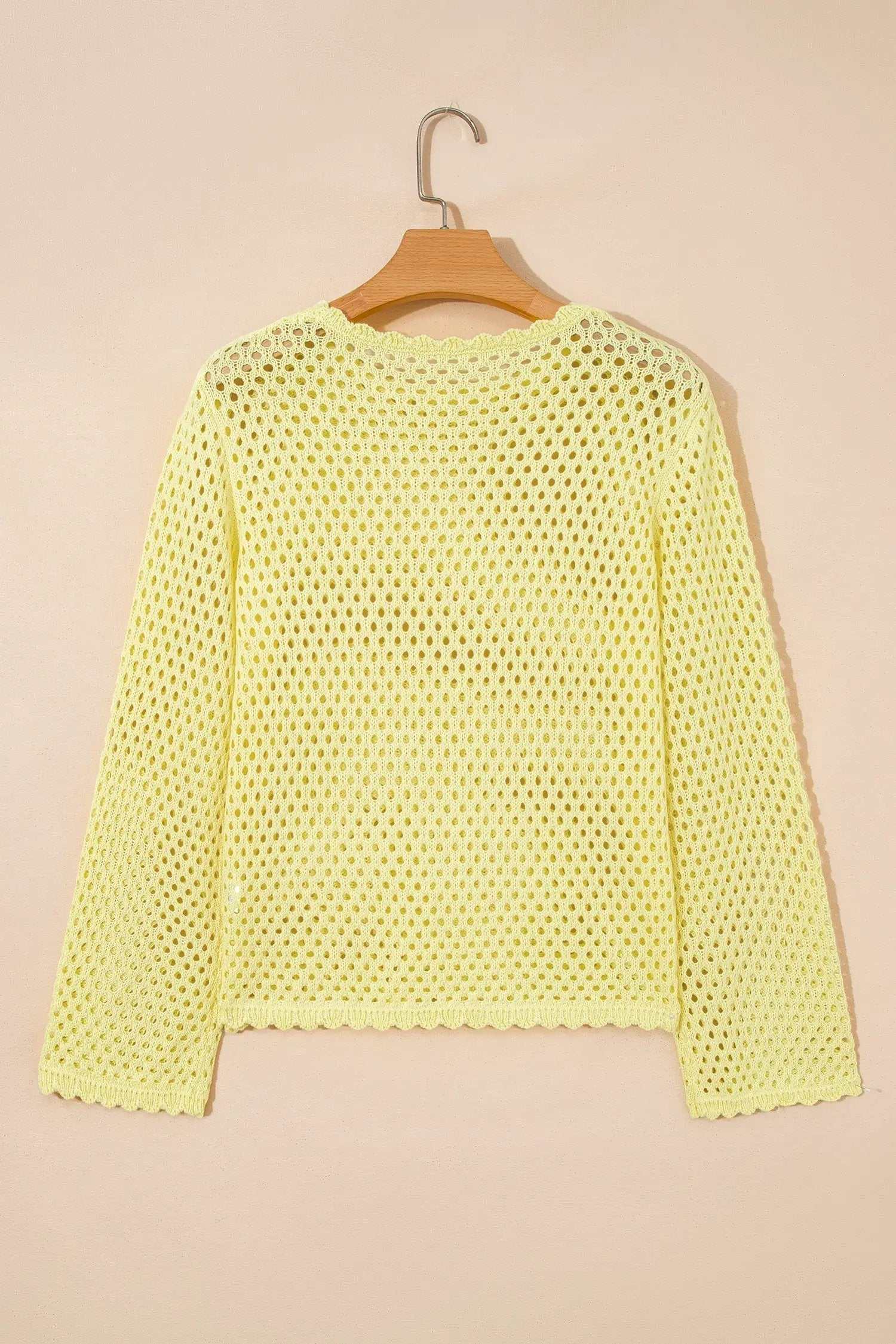 Hollow Out Knit Top with scalloped trim and long sleeves