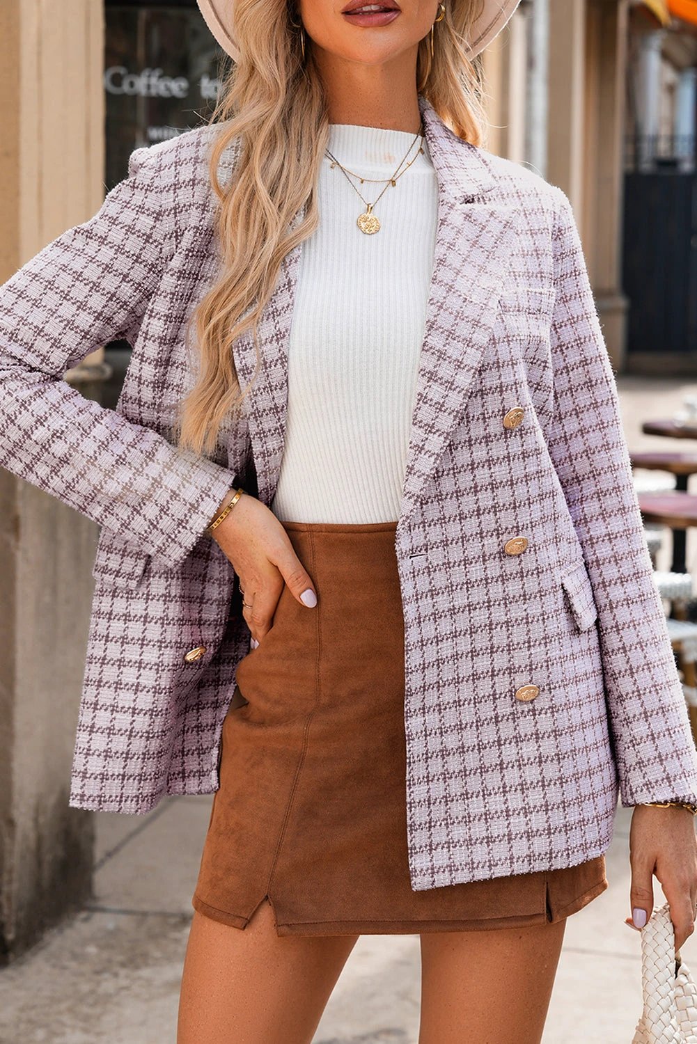 Burgundy elegant tweed plaid blazer with gold buttons and double-breasted design
