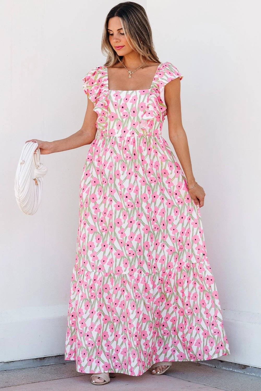 Dear-Lover Dropshipping Pink Floral Print Square Neck Ruffled Strap Maxi Dress - Dresses/Floral Dresses